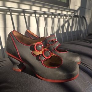 John Fluevog Black Mary Jane Heels with Red Trim and Outsole